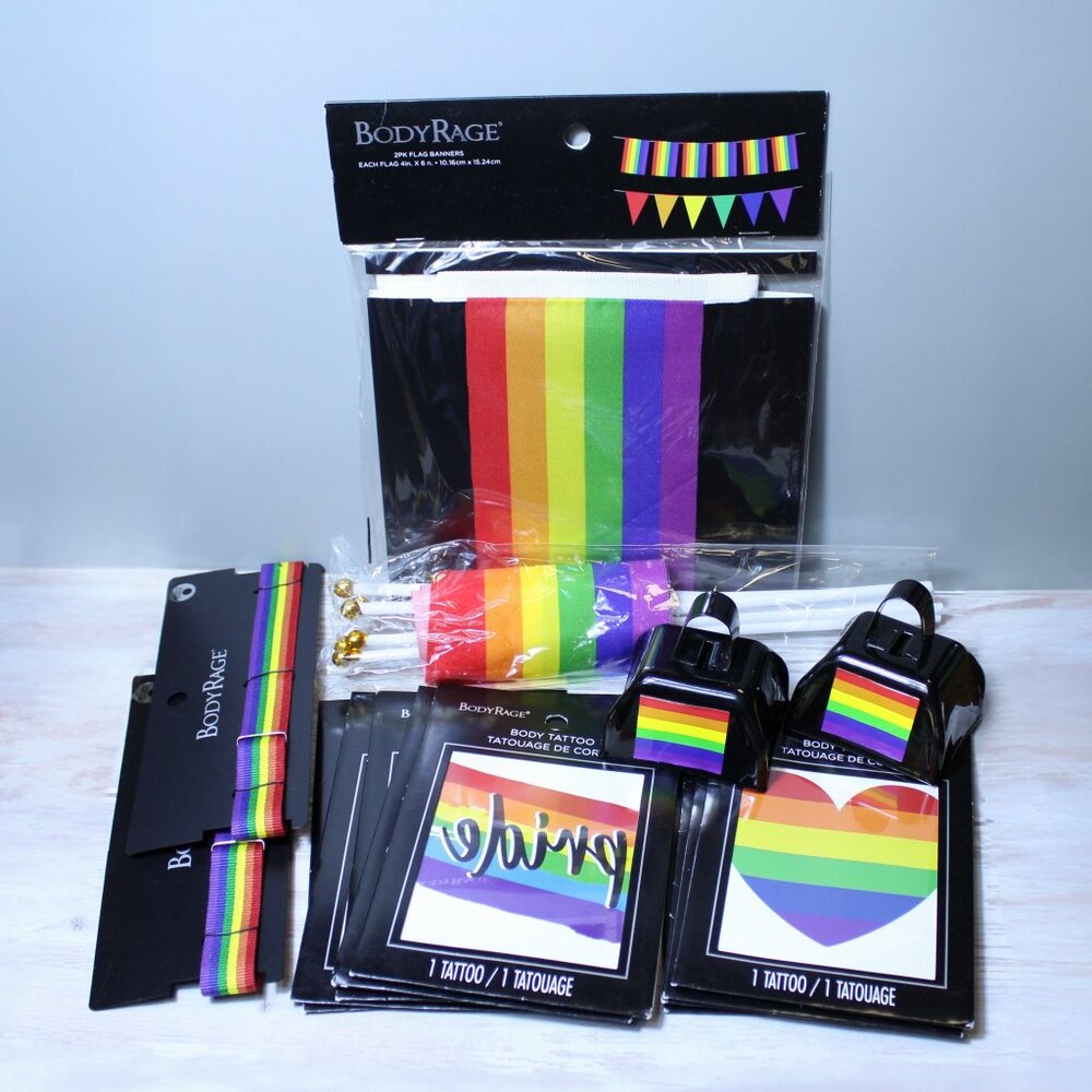 15 Pc PRIDE Body Rage Accessory Bundle Flags Banner Necklace Tattoos Rainbow